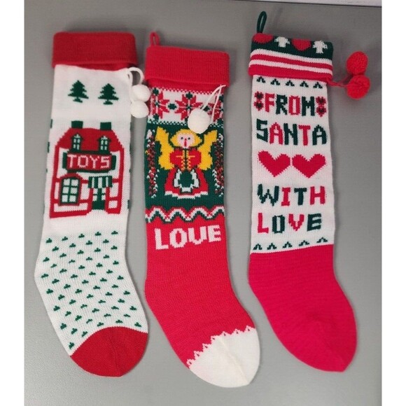 VTG Christmas Knit Stockings Lot Of 3 21" Pom Poms Toys Angel Love Santa Red - Picture 1 of 8